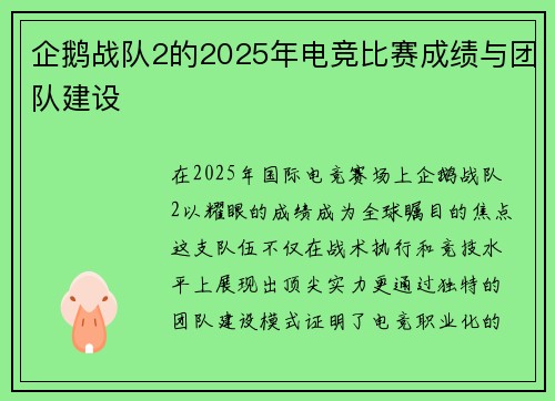 企鹅战队2的2025年电竞比赛成绩与团队建设